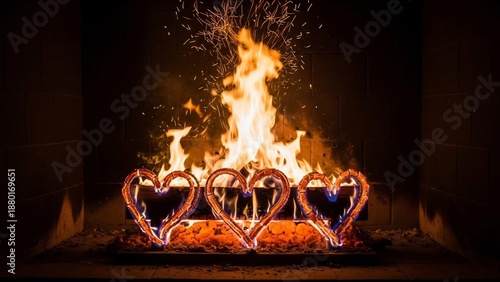 Romantic fireplace scene with three glowing heart ornaments nestled in warm flames, perfect for Valentine's Day cards, anniversary celebrations, cozy winter evening themes,