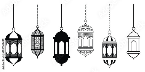 Ornate hanging lanterns in various designs and patterns, elegant lighting fixtures silhouette