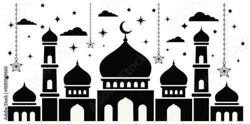 Black mosque with domes and minarets under starry night sky silhouette