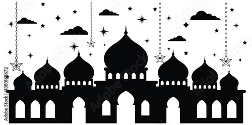 Majestic mosque architecture with domes and arches under starry night sky silhouette