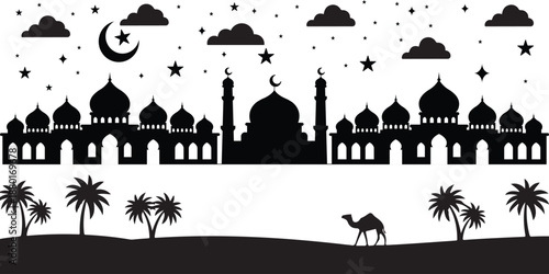 Majestic mosque and palm trees under starry night sky with camel silhouette
