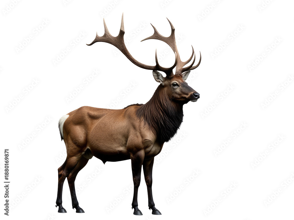 Fototapeta premium A deer stands proudly in front of a clean white background, its large antlers prominently displayed