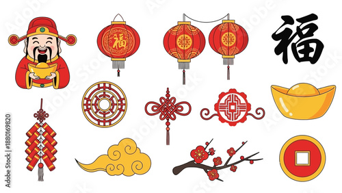 Chinese New Year Traditional Elements and Symbols Illustration Set