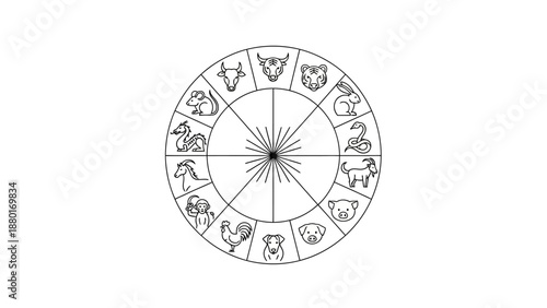 Chinese Zodiac Circle Wheel with Twelve Animal Outline Icons