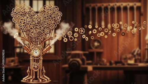 Intricate steampunk heart-shaped gear tree with a clock, emitting steam and flying gears against a blurred industrial workshop background. Ideal for Valentine's Day, anniversaries,