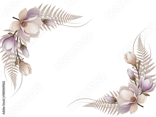 Minimal luxury floral corner border with magnolia and fern in lavender and beige isolated on white background