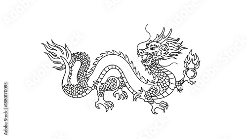 Traditional Chinese Dragon Line Art Illustration with Pearl