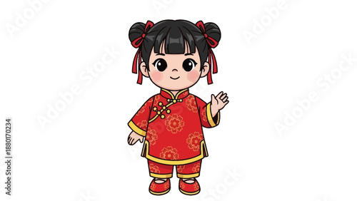 Cute Cartoon Girl in Traditional Red Cheongsam Waving