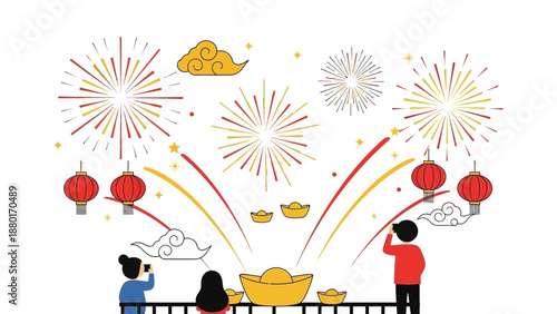 People Watching Fireworks Celebration for Lunar New Year