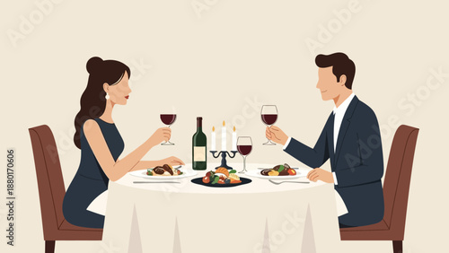 Elegant couple enjoying a romantic dinner with wine.