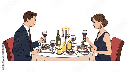 Elegant couple enjoying a romantic dinner with wine and candlelight.