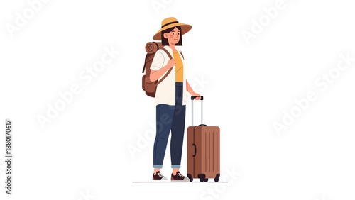 Female Traveler with Suitcase and Backpack Ready for Adventure.