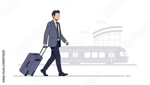 Man with Suitcase Walking Towards Train Station.