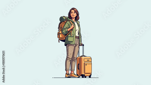 Illustration of a female traveler with backpack and suitcase.