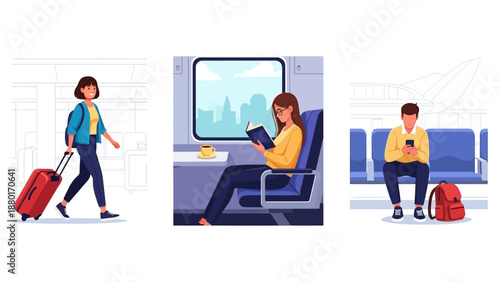 People traveling by train and at the station, reading, using phone, and pulling luggage.