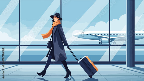 Stylish woman traveling with luggage at the airport.