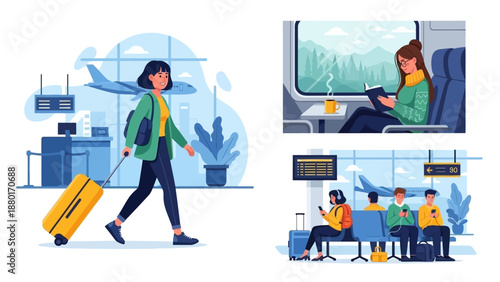 Travel Illustrations - Airport, Train, and Waiting Area Scenes.