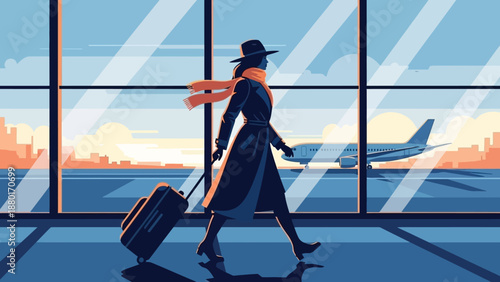 Stylish traveler with suitcase walking in airport terminal.