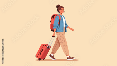 Woman Traveler with Backpack and Suitcase Walking Forward.
