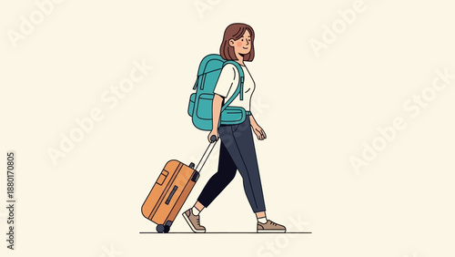 Woman Traveler with Backpack and Suitcase Walking on a Journey.