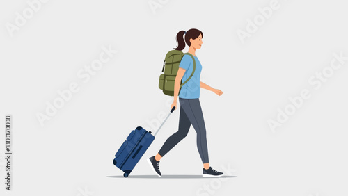 Woman traveler with backpack and suitcase walking on white background.