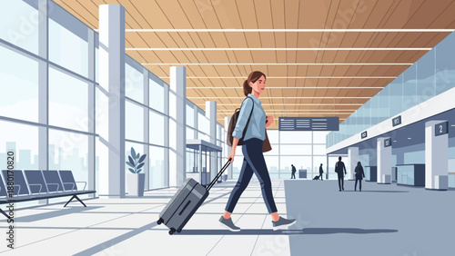 Woman traveler with luggage walking in airport terminal.