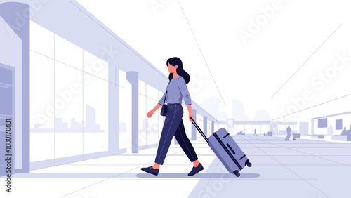 Woman Traveling with Luggage at Airport Terminal.