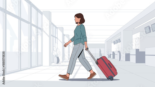 Woman Traveling with Luggage in Airport Terminal.