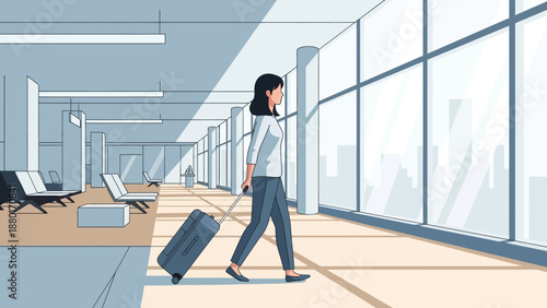 Woman with Suitcase Walking in Airport Terminal.