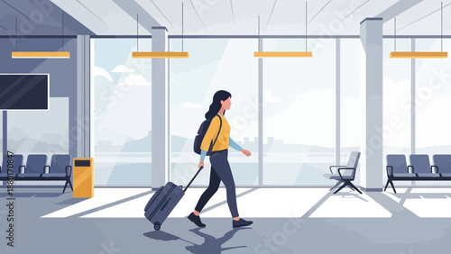 Woman with Luggage Walking in Airport Terminal.