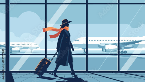 Woman traveling with luggage at the airport, illustration of a traveler.