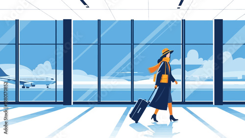 Woman with luggage walking in airport terminal.