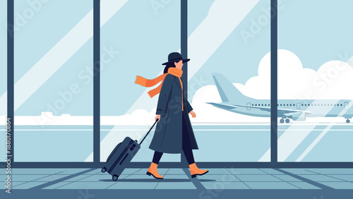 Woman with suitcase walking in airport terminal, ready for travel.