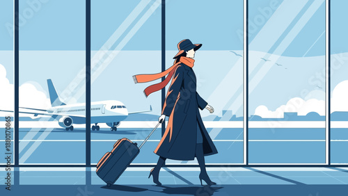 Woman with suitcase walking in airport terminal, ready for travel.