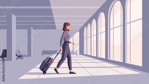 Woman with Suitcase Walking in Airport Terminal.