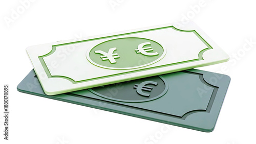 Two stylized banknotes with currency symbols