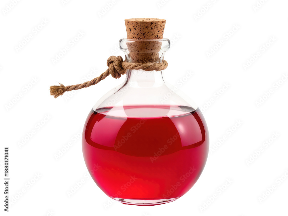 Obraz premium A glass bottle filled with red liquid and topped with a corkscrew stopper, suitable for use in still life photography or as a prop in a beverage-themed shoot
