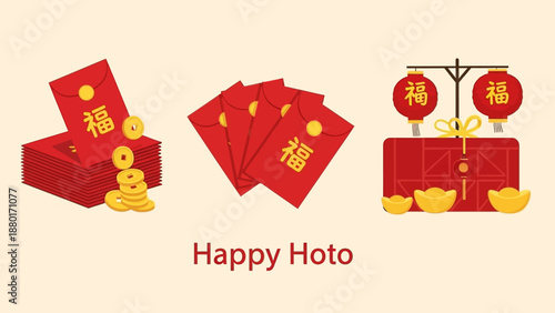 Chinese Red Envelopes and Gold Ingots for Lunar New Year