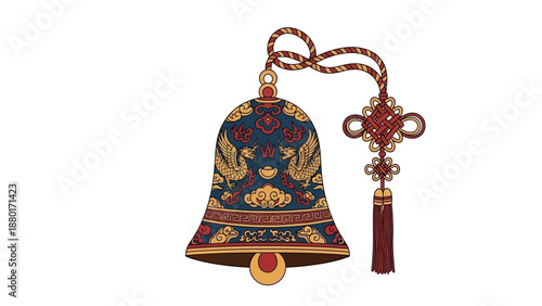 Antique Chinese Temple Bell with Phoenix Pattern and Knot