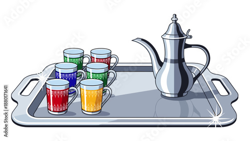 Colorful tea glasses and silver teapot arranged on a tray  