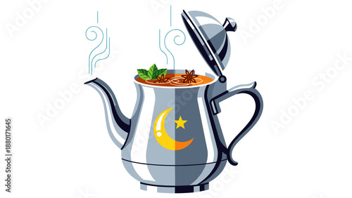 Silver teapot with steam and herbs on white background  