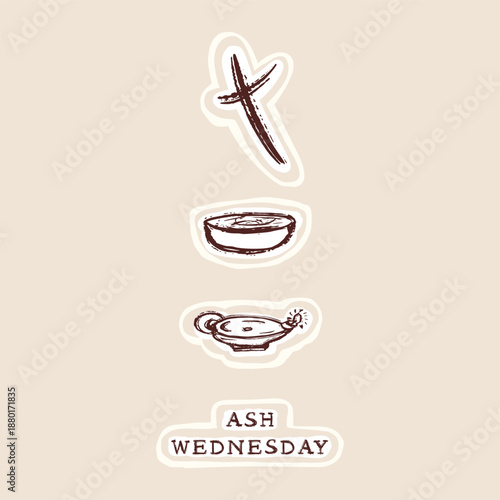 Ash Wednesday easter motif set for christian holiday. Faith based hand drawn vector design with ashen cross, and lettering. Holy week in christianity religion collection set for social media card