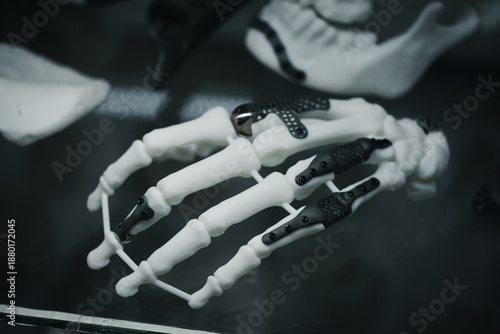 3D printed prosthetic hand model with titanium implants, metal plates, screws integrated into skeletal structure for orthopedic medical reconstruction Skeleton with black titanium fixation plates 