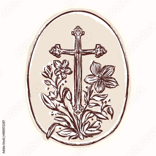 Hand drawn easter flower with christian cross motif illustration set. Flat isolated vector for religious Easter 2026 design. Black and white floral faith crucifix lettering decor art icon collection 