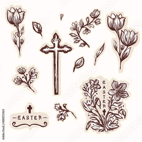 Hand drawn easter flower with christian cross motif illustration set. Flat isolated vector for religious Easter 2026. Black and white floral garden bloom faith lettering decor art icon collection 