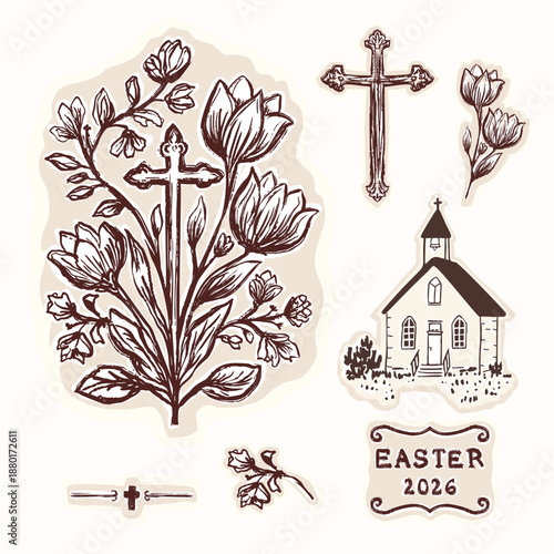 Hand drawn easter flower with christian cross motif illustration set. Flat isolated vector for religious Easter 2026 design. Black and white floral faith crucifix lettering decor art icon collection 