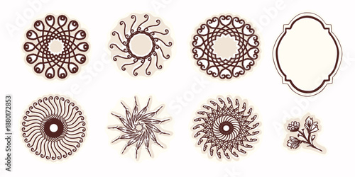 Abstract cicle icon set with a modern sticker style. Funky optic set of circular elements for decor art. Isolated pretty flat illustration set collection