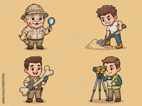 Cartoon illustration of archeologists and explorers in action.