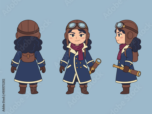Chibi Aviator Character Design Front Side Back View.