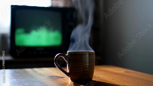 Wallpaper Mural Steaming Mug of Coffee on a Wooden Table with Vintage Television in Cozy Indoor Setting. Seamless looping 4k video background  Torontodigital.ca